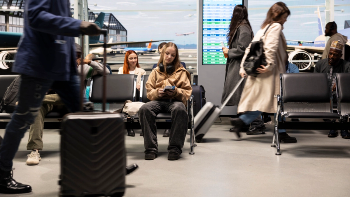 lady in airport waiting for flight