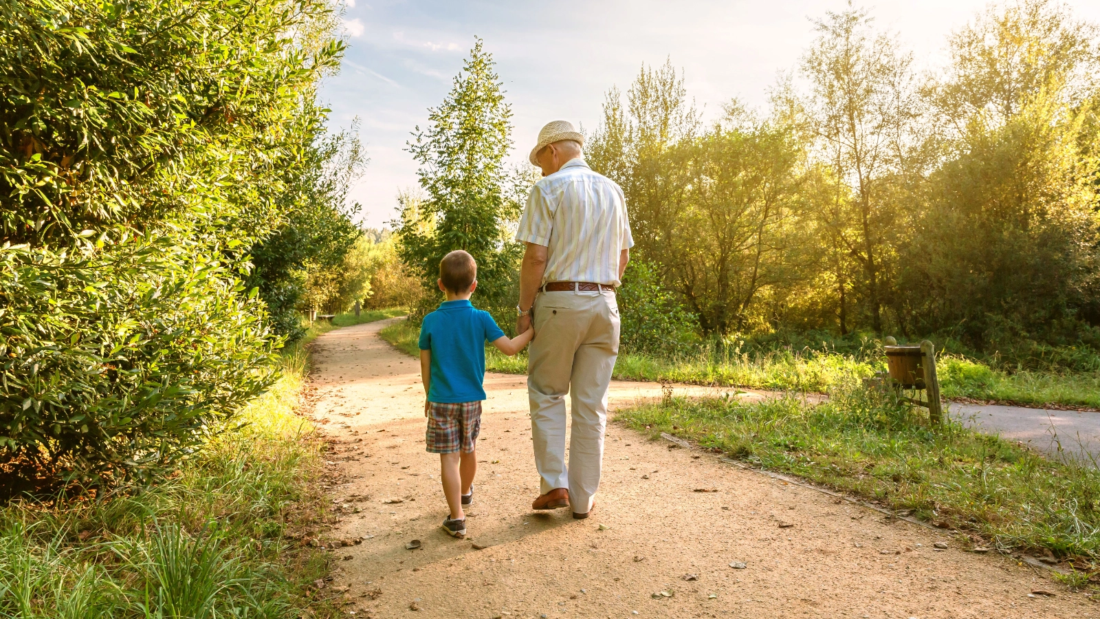 A senior individual walking hand-in-hand with a child along a sunlit path