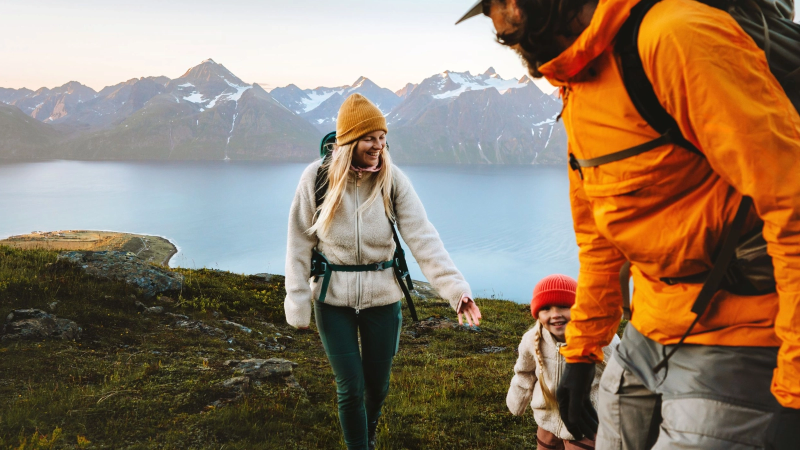 Family hiking together in Norway